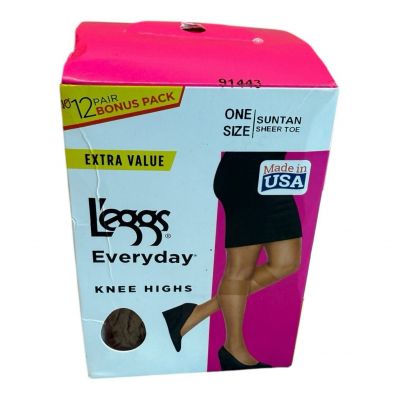 L'eggs Everyday Knee Highs Suntan Sheer Toe 12 Pair Bonus Pack One Size